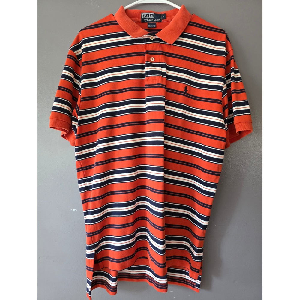 Polo Ralph Lauren Mens Orange Navy Striped Short Sleeve Cotton Polo Shirt Size M